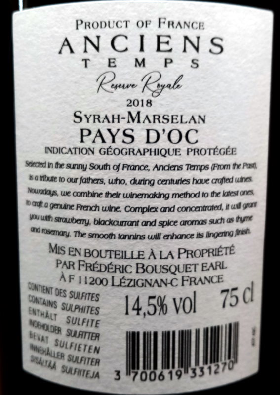 Anciens Temps Réserve Royale Premium Edition, Vin de Pays d'Oc, Producteurs Réunis de Cébazan